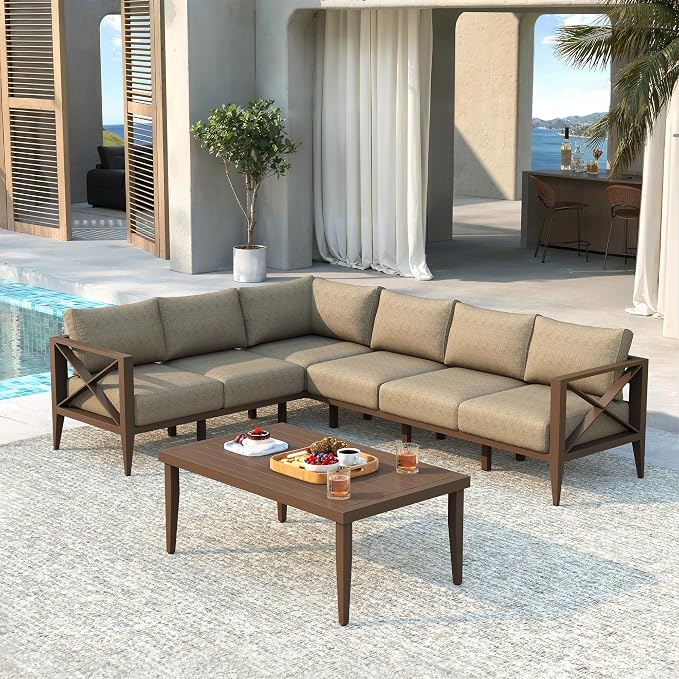 Outdoor Sectional Sofa Set 6 Seat Patio Conversation Set with Cushions, Aluminum Patio Furniture for Backyard Deck Garden Seating