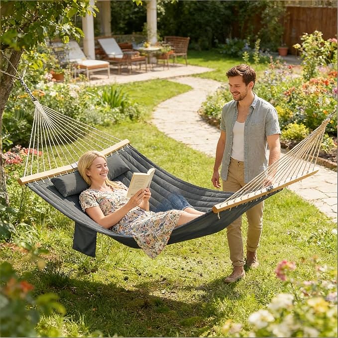 2-Person Tree Hammock Outdoor, Portable Double Hammock Without Stand, Detachable Headrest Magazine Pocket, 450 lbs Capacity, Camping Patio Backyard Indoor Outdoor Hammock Bed (Gray)