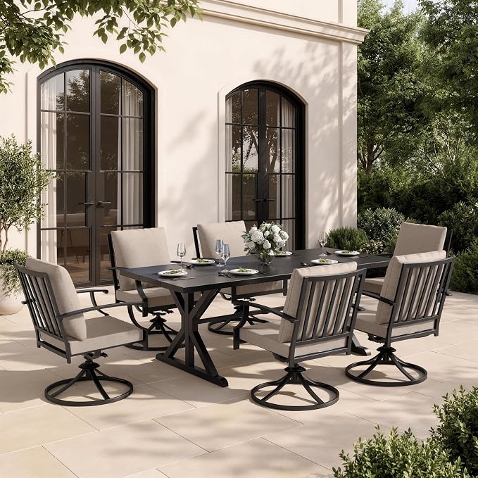 7 Piece Outdoor Dining Set for 6, Metal Patio Table and Chairs with Cushions, Patio Furniture Set with 6 Swivel Chairs, Rectangular Metal Dining Table with Umbrella Hole, Lawn Deck Yard-Sand