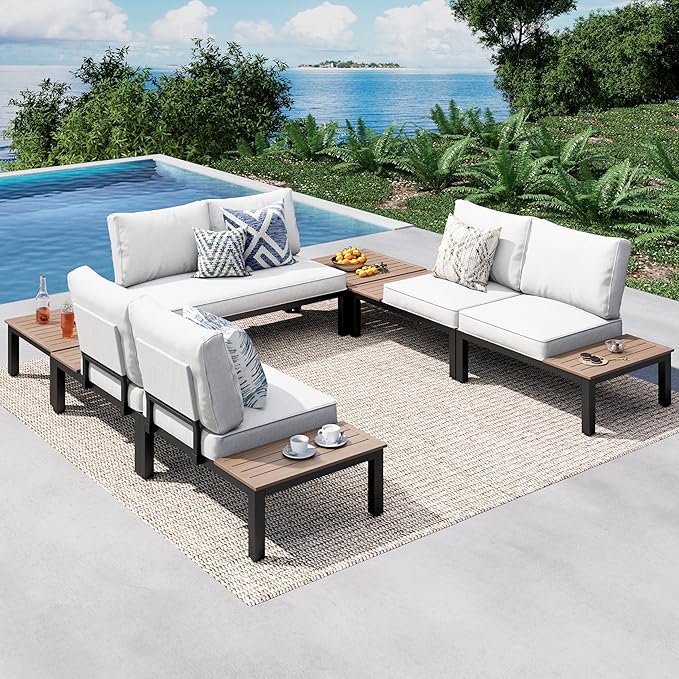 PHI VILLA 7 Pieces Outdoor Patio Furniture Set,Metal Frame Modern Outdoor Sectional Sofa Set,6 Seats Patio Conversation Sets with Coffee Table&Thickened Cushion,for Poolside and Backyard,Light Grey