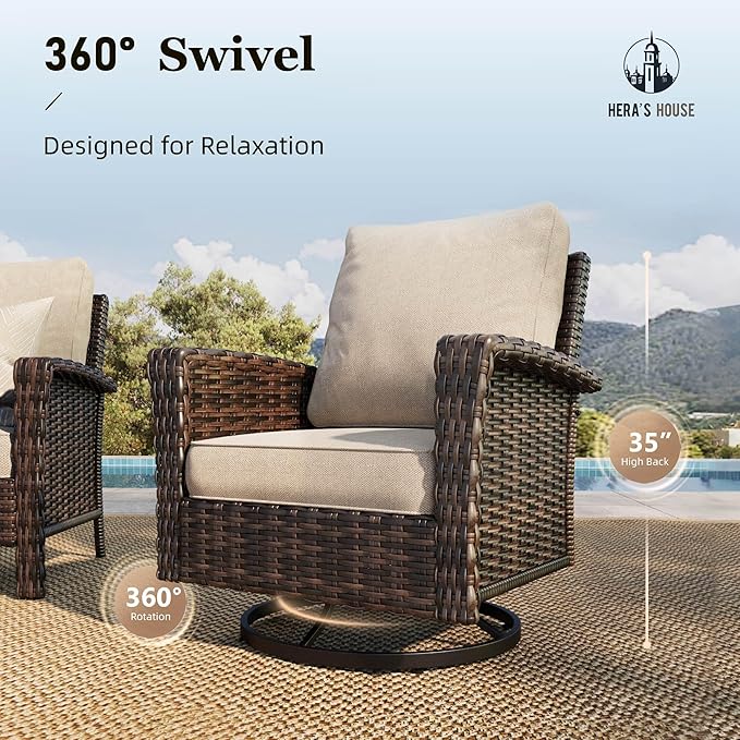 HERA'S HOUSE Patio Furniture Set with Swivel Chairs, High Back Outdoor Wicker Furniture with 5.5" Thick Cushions, Outside Conversation Sofa Sets for Backyard Deck Lawn, Beige