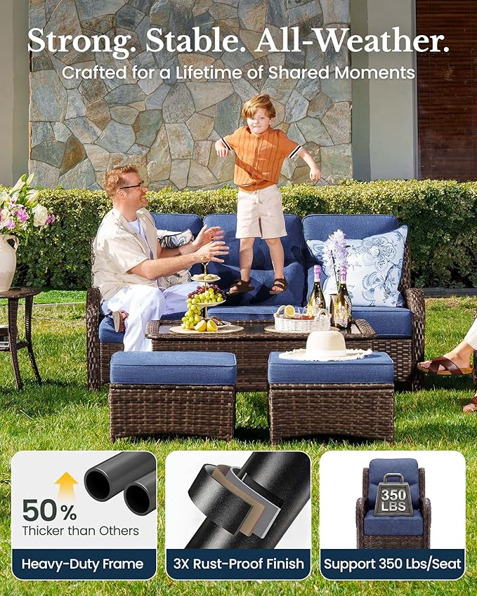 HILLGA Luxury Patio Furniture Set with 6-inch Thick Cushion, Outdoor Couch and High Back Swivel Rocker Patio Chairs, 8PCS Wicker Conversation Set for Deck Yard and Poolside, Blue (V2)