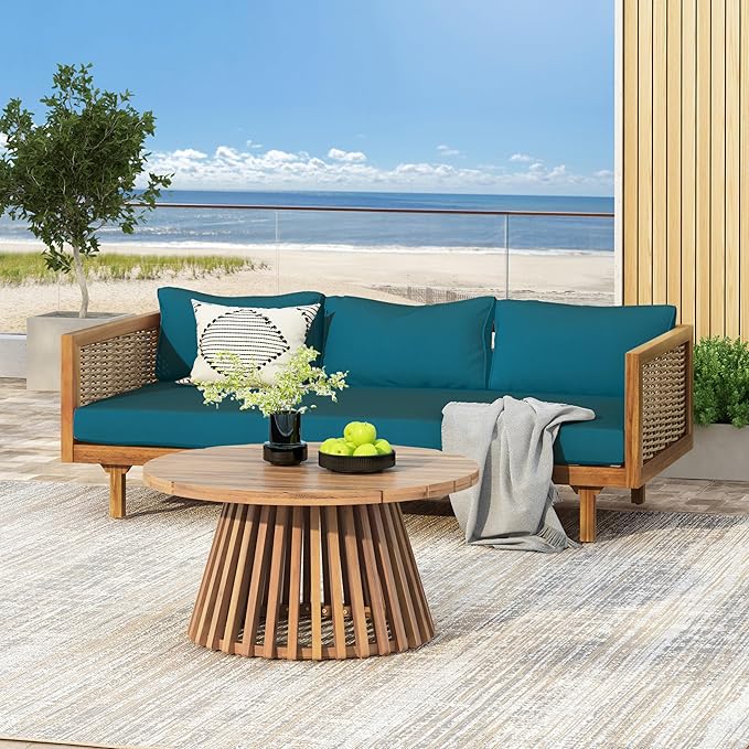 Merax Outdoor Acacia Wood Conversation Set - Patio 3-Seat Loveseat Sofa w/Coushion and Round Coffee Table for Backyard, Lawn, Balcony, Teak+Teal/LightTeak