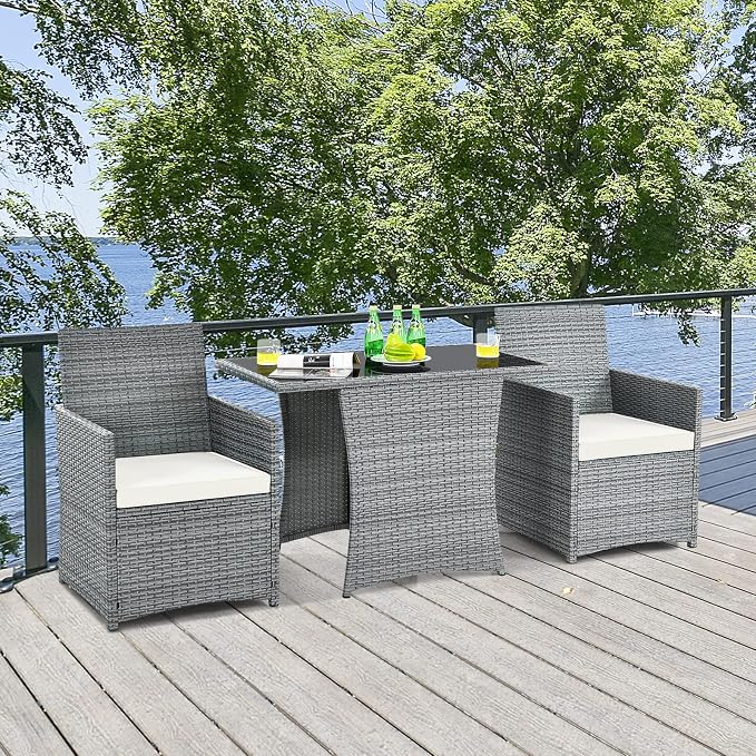 RELAX4LIFE 3-Piece Outdoor Furniture Set - All-Weather Wicker Rattan Patio Dining Set w/Tempered Glass Coffee Table & Cushions, Modern Bistro Conversation Set for Yard Balcony (White)