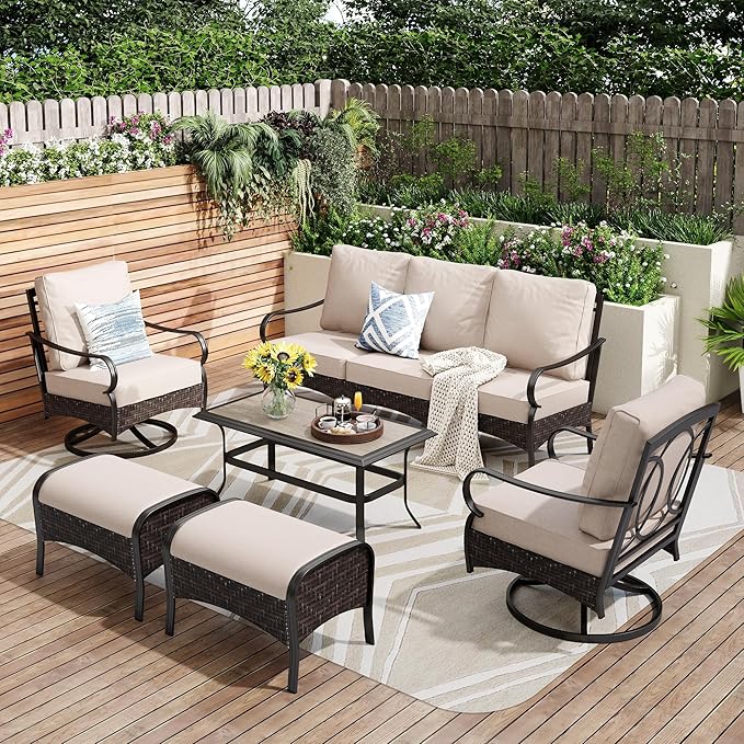 PHI VILLA Outdoor Modern Patio Furniture Set, Upgraded Wicker & Metal Patio Conversation Set with Waterproof Thick Cushions for Porch, Poolside, Yard(6 Pieces,Beige)