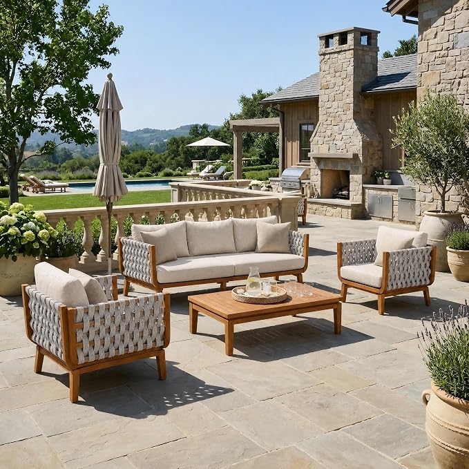Christopher Knight Home Gwen 4 Piece Acacia Wood Patio Conversation Set with Sofa, Coffee Table and 2 Club Chairs, 3-Seater Sofa with Water-Repellent Cushion, Outdoor Patio Furniture Set, Teak+Beige