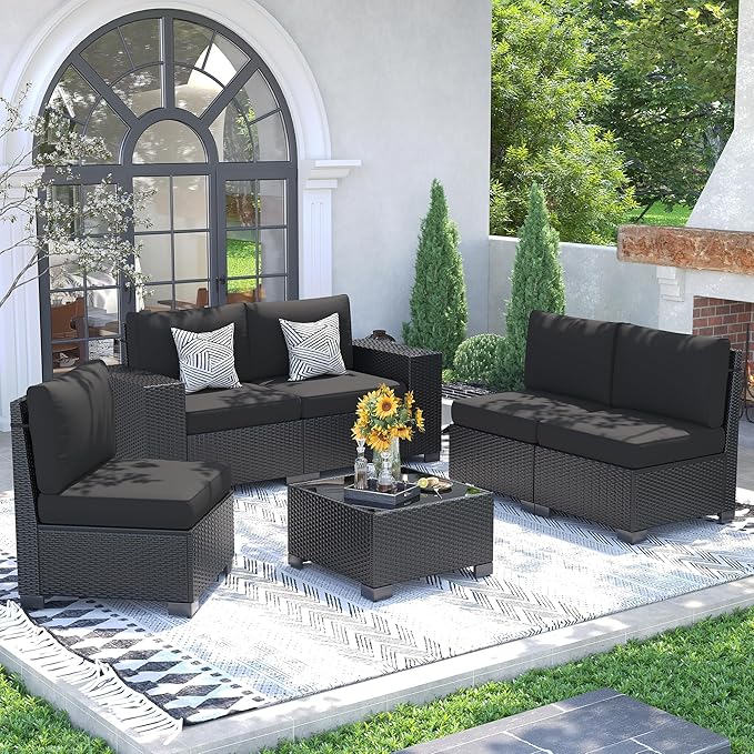 UDPATIO 6 Piece Patio Furniture Set, Outdoor Wicker Sectional Sofa with 8'' Wide Armrests, Modular Patio Conversation Set with Coffee Table for Backyard, Deck, Garden