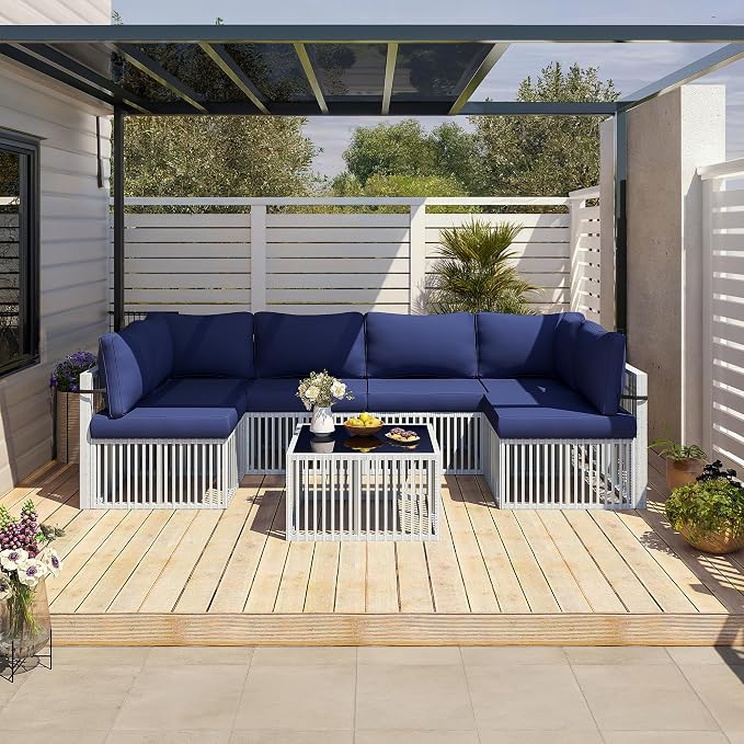 Pamapic 7-Piece Outdoor Sectional Set, Large Wicker Patio Furniture Set with Coffee Table and Washable Cushions Covers, All-Weather Patio Sofa Conversation Set for Backyard, Poolside, Garden