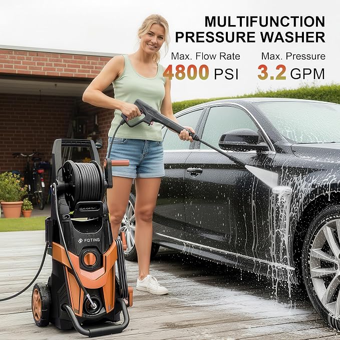 Pressure Power Washer 4800PSI with 4 Quick Connect Nozzles,Inlet Hose & Filter, Foam Cannon for Cars/Fences/Driveways/Patios/Home, Red