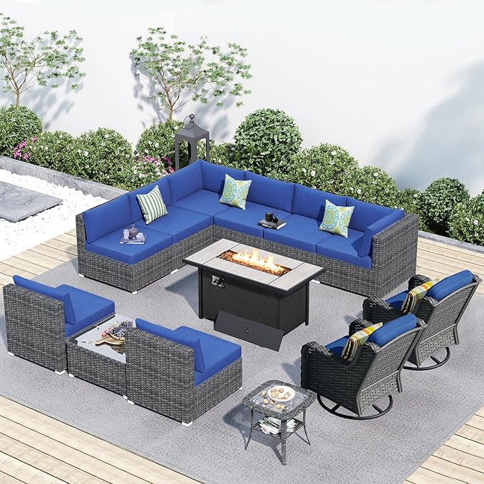 HOOOWOOO Outdoor Patio Furniture with Fire Pit Set 13 Pieces Patio Set with Fire Pit Wicker Outdoor Furniture with Fire Pit Table Set Patio Sectional Set with Swivel Chairs,Navy Blue