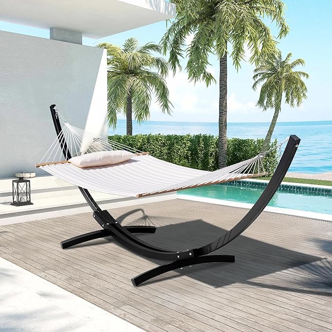 Lazy Daze Hammocks 12 FT 2 Person Double Quilted Hammock with Curved Steel Heavy Duty Stand and Pillow for Outside, Backyard, Patio, 450 Lbs Capacity, Cream
