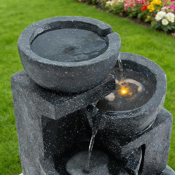 29-Inch Terrazzo Style LED Outdoor Indoor Water Fountain, 4-Tier Cascading Bowls & Stacked Stones, Ideal Waterfalls for Gardens, Patios