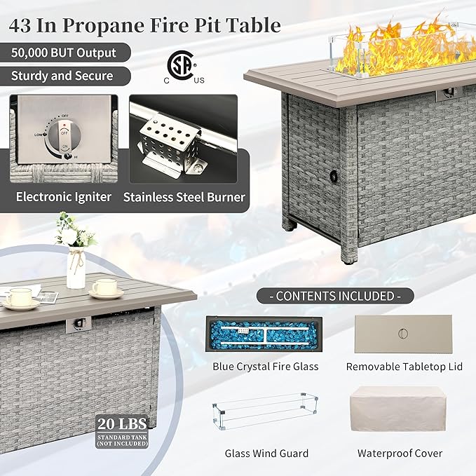 WAROOM Patio Furniture Set 6 Piece PE Rattan Outdoor Conversation Sets Grey Wicker Couch Sectional Sofa with Fire Pit Table and Grey Cushion