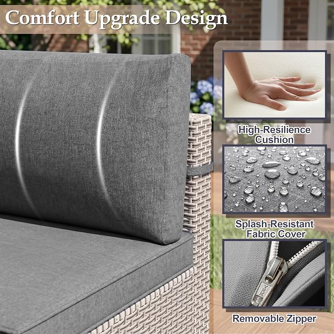 Patio Furniture Set, 7-Piece Outdoor Sectional Sofa with 2-Layer Glass Coffee Table, Wicker Patio Conversation Set with Gray Cushions for Backyard, Poolside, Porch