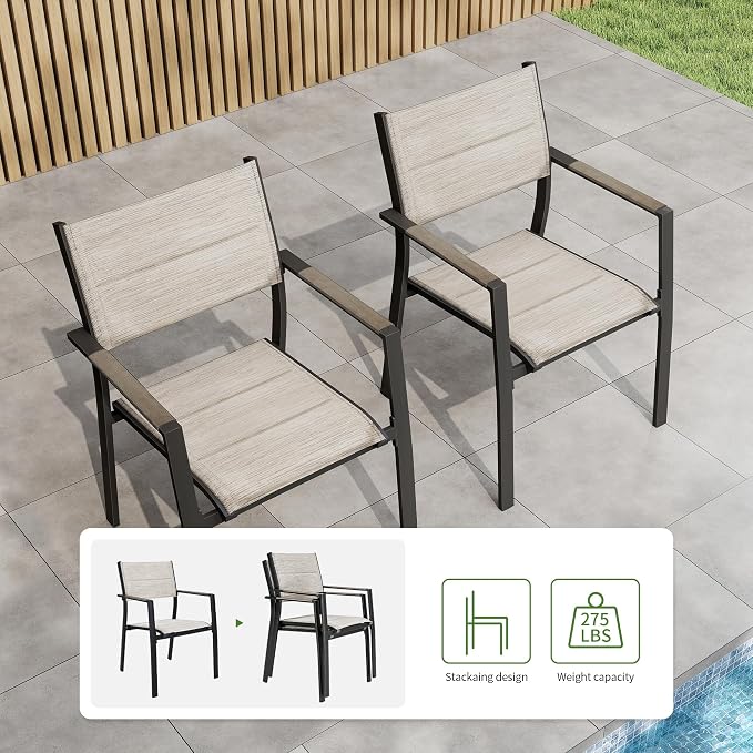 Outdoor Patio Dining Chairs Set of 2, Light Weight Aluminum Frame with Textilene Fabric & Wood-Like Armrest, 275 LBS Capacity, Outdoor Stackable Chairs for Poolside Lawn Garden, Grey Armrest