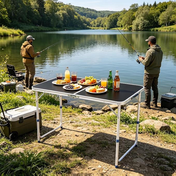 4 Foot Folding Table 3-Position Adjustable Height, 5 Pack Lightweight Foldable Picnic Tables, Waterproof MDF Desktop Aluminum Table for Outdoor Camping BBQ Fishing RV Beach, Carrying Handle
