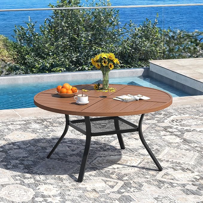 DIFY 7 Pieces Outdoor Dining Set, Metal Patio Table and Chairs Set for 6, 47.2" Round Dining Table with Umbrella Hole & Wicker Stackable Patio Chairs with Cushions, Walnut Tabletop