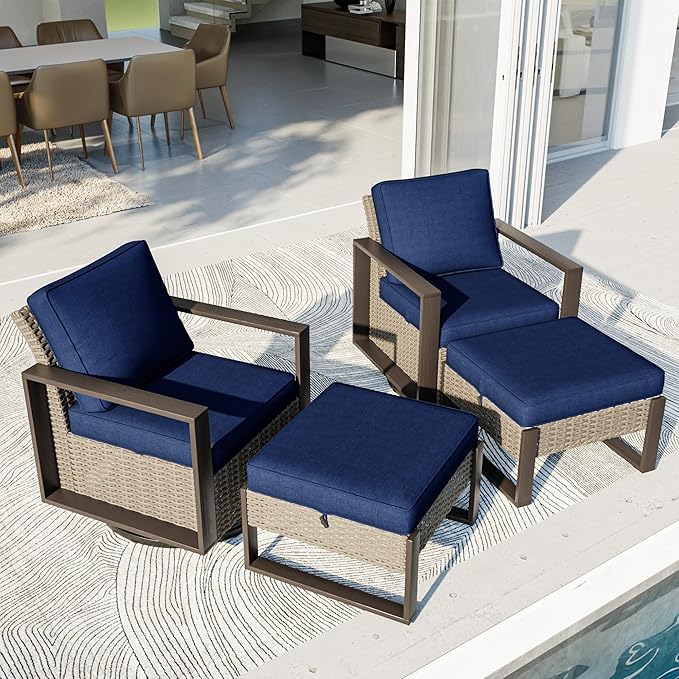 4 Piece Patio Furniture Set, Outdoor Swivel Rocker Patio Chairs and Ottoman, Metal Patio Furniture with Deep Seating, Thicken Cushions for Deck, Porch, Yard Use (Blue, 4 PCS/Swivel)