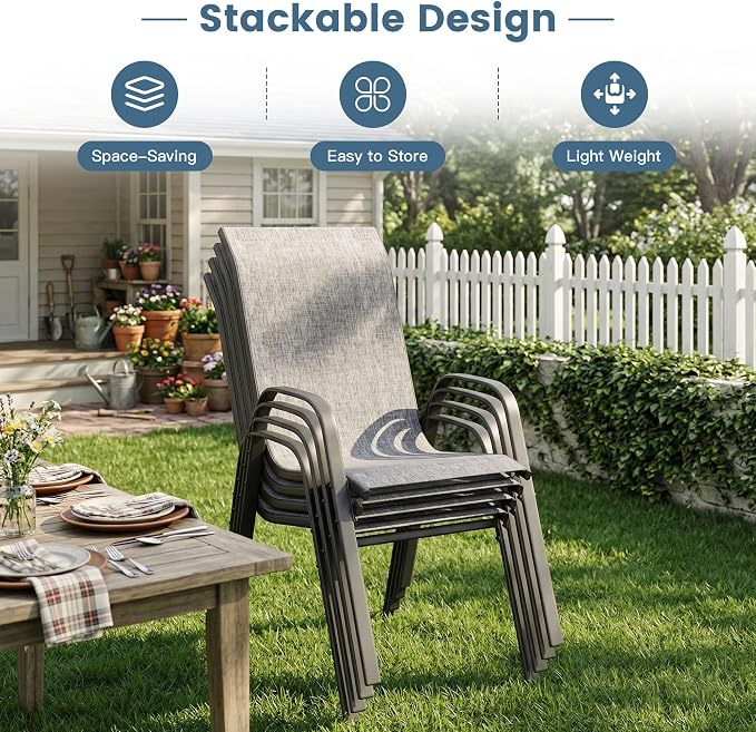 DIFY 5 Piece Outdoor Dining Set, 40" Round Metal Dining Table and Textilene Stackable Patio Chairs, Patio Table and Chairs Set for 4 with Umbrella Hole for Backyard Garden Deck, Grey