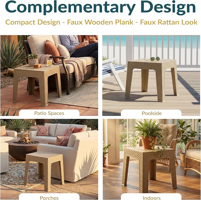 Sunnydaze Adirondack Small Outdoor Side Table for Balcony Essentials - Plastic Square End Table for Outside Patio - Beige