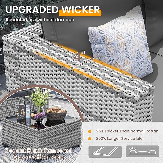 UDPATIO Outdoor Patio Furniture Set, 7 Piece PE Wicker Sectional Sofa with Tea Table, Outdoor Conversation Set for Patio, Garden, Backyard (Grey Cushions with Grey Rattan)