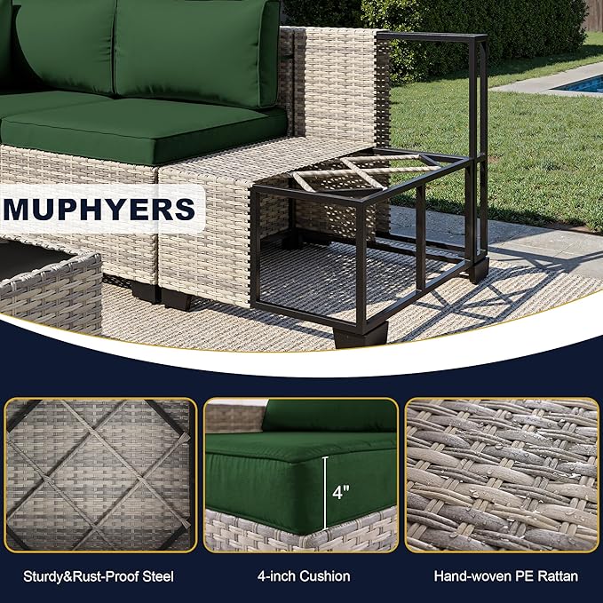 15-Piece Outdoor Patio Furniture Set with 55,000 BTU Fire Pit Table, PE Wicker Rattan Sectional Sofa Conversation Set - All-Weather Garden, Backyard Furniture, Green