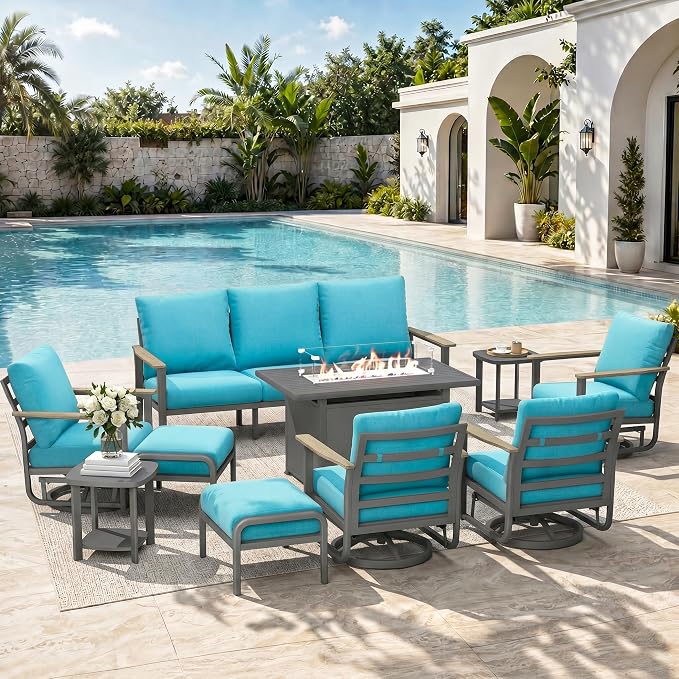 Aluminum Outdoor Patio Furniture Set, 10-Piece Sectional Sofa with 5.1" Thick Cushions, 4 Swivel Rocking Chairs, 55,000 BTU Propane Fire Pit Table, Outdoor Couch for Backyard, Deck, Blue