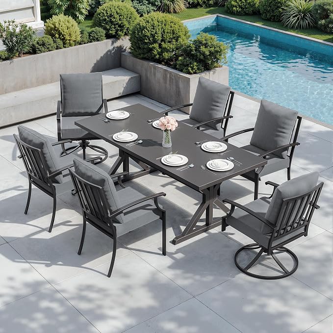 ALAULM 7-Piece Patio Dining Set,Outdoor Metal Dining Set with 2 Swivel Chairs & Rectangle Table with 1.5 Umbrella Hole, Patio Dining Table and Chairs for Backyard,Grey