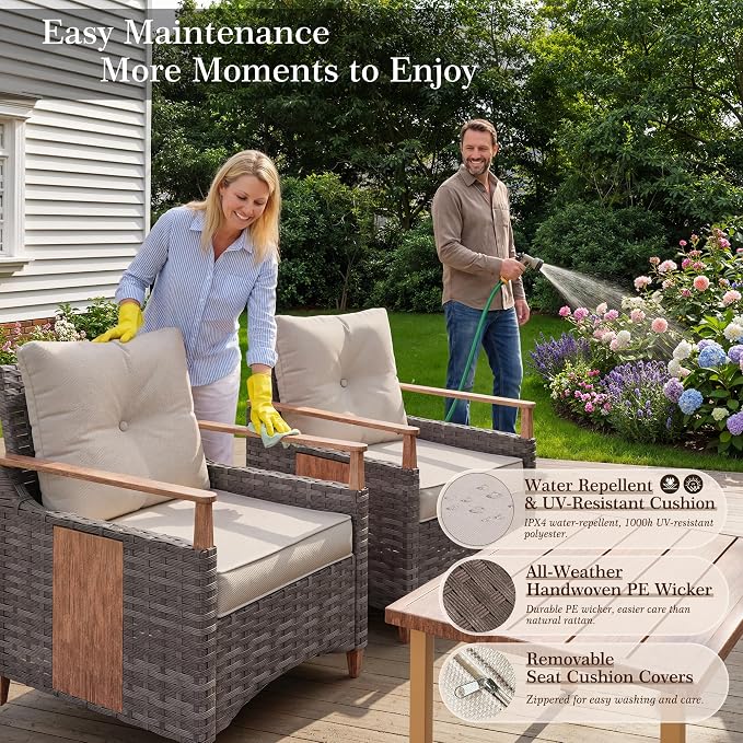 Nestnook 4 Pieces Patio Furniture Set, Outdoor Conversation Set with All-Weather Handwoven PE Wicker Sofa, Rattan Chairs and Thick Cushion, Loveseat & Coffee Table for Backyard, Deck & Poolside, Beige