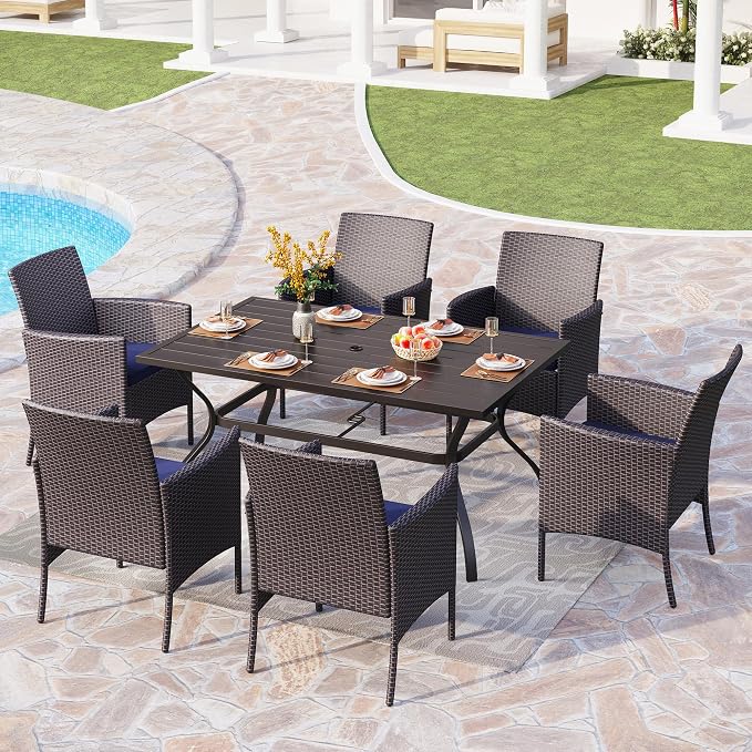 PHI VILLA Wicker Patio Dining Chairs Set of 6 with Removable Cushions | 6 Rattan dining chairs with thick removable seat cushions. Sturdy steel frame, easy assembly.