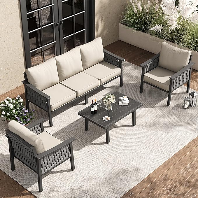 UDPATIO Aluminum Patio Furniture Set with Coffee Table, 4 Piece Modern Aluminum Outdoor Furniture Set, PE Rope Patio Conversation Sets with Thickend Cushions, for Porch, Backyard, Balcony, Beige