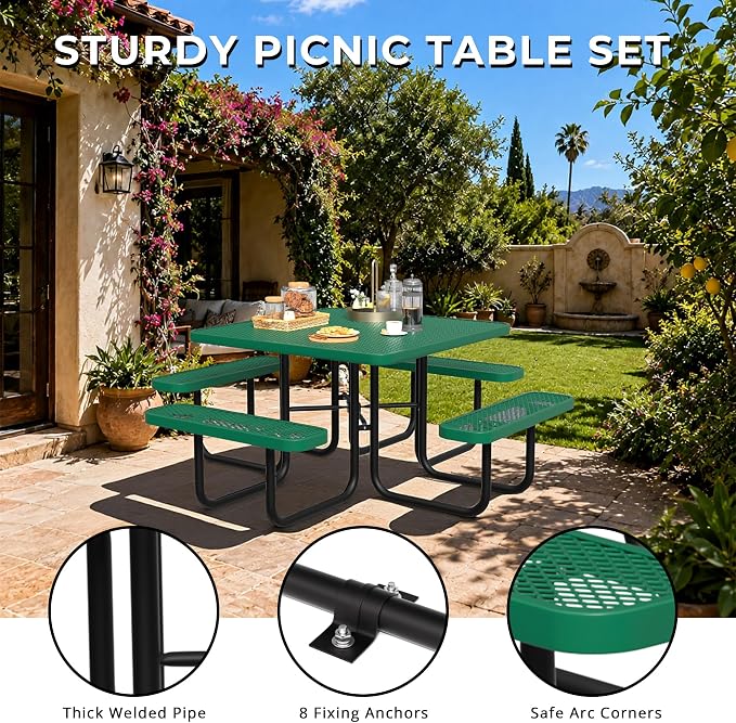 All-Weather Square Outdoor Picnic Table, Commercial Picnic Table Bench Set with Umbrella Hole, Thermoplastic Coated Metal Dining Tables for School, Stores, Park, Patio, Yard, Green