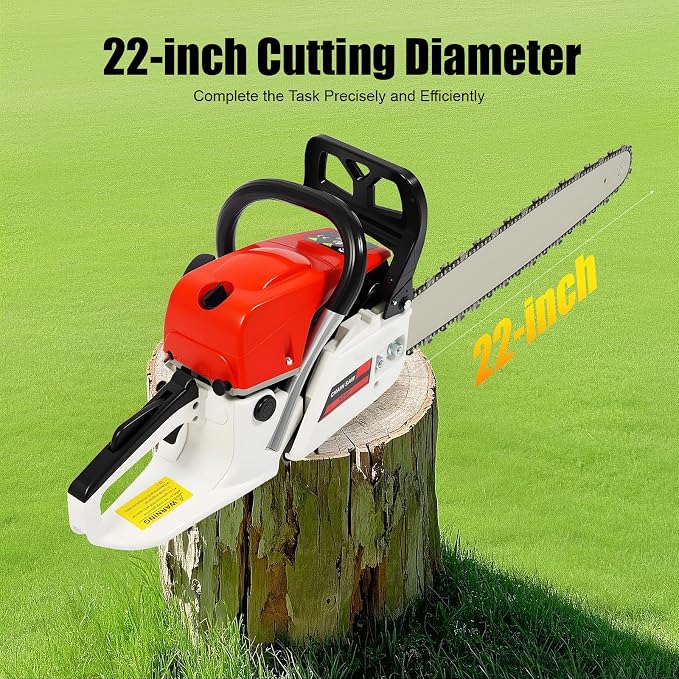 22 Inch Gas Powered Chainsaw, 52cc 2-stroke Single Cylinder Engine Gasoline Chainsaw, Petrol Handheld Cordless Chain Saw with Air-cooled Syestem for Tree Wood Cutting