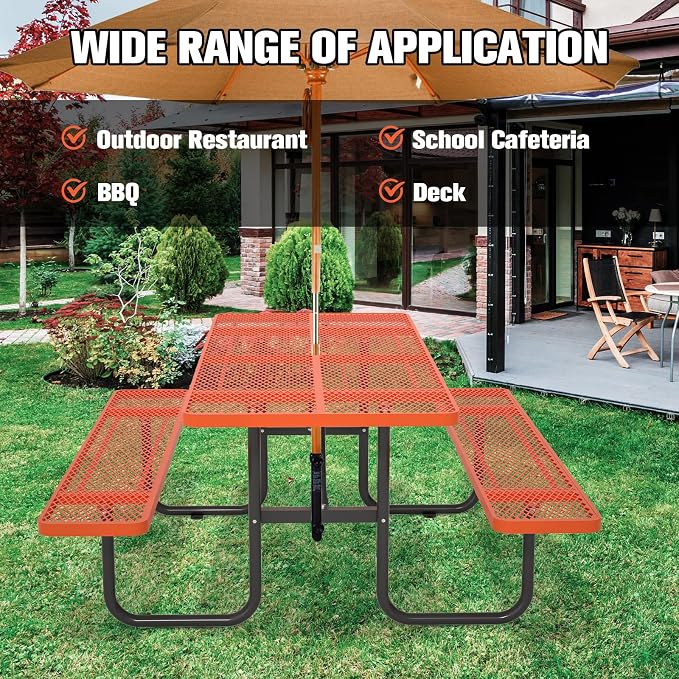 Picnic Tables for Outdoors with Umbrella Hole-Coated Steel Heavy Duty Commercial Grade Table with Seats,Commercial Metal Picnic Tables,Heavy Rectangular Furniture Set for a Lifetime (Orange)