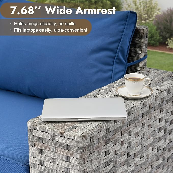 12 Pieces Patio Furniture Set, Wicker Outdoor Sectional Sofa with Coffee Table Comfy Cushions, Modern Modular Deep Seat Rattan Couch Conversation Set for Backyard Porch Yard,Navy Blue