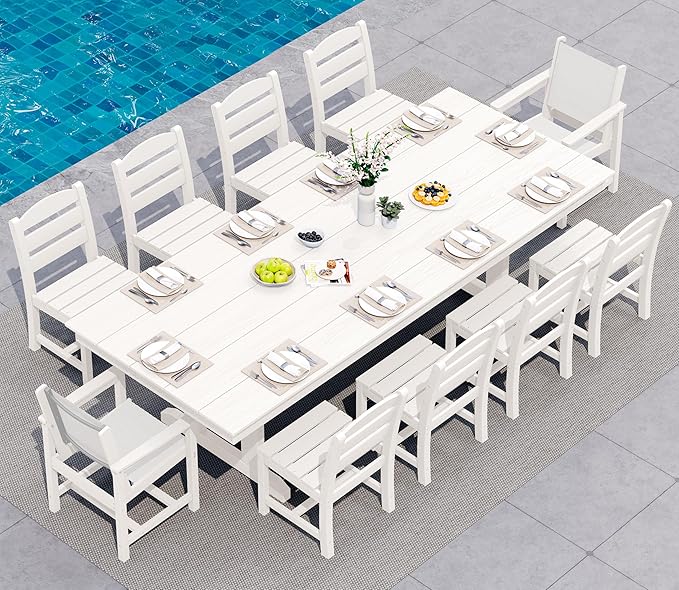 SERWALL Outdoor Dining Chairs Set of 2, All-Weather HDPE Textilene Sling Dining Chair for Backyard, Garden, White