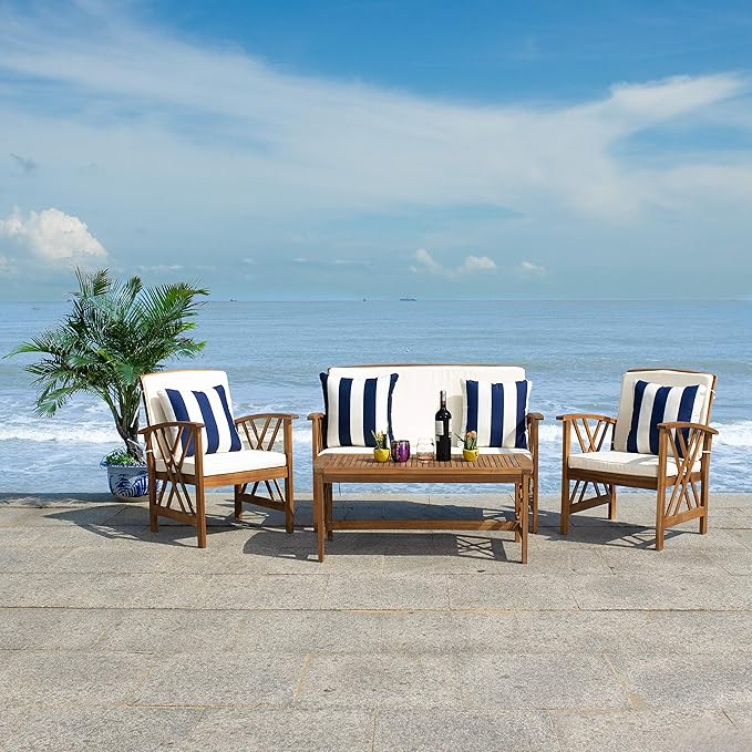 SAFAVIEH Outdoor Collection Fontana Natural/ Beige Cushions/ Thick Stripe Pillows 4-Piece Conversation Patio Set