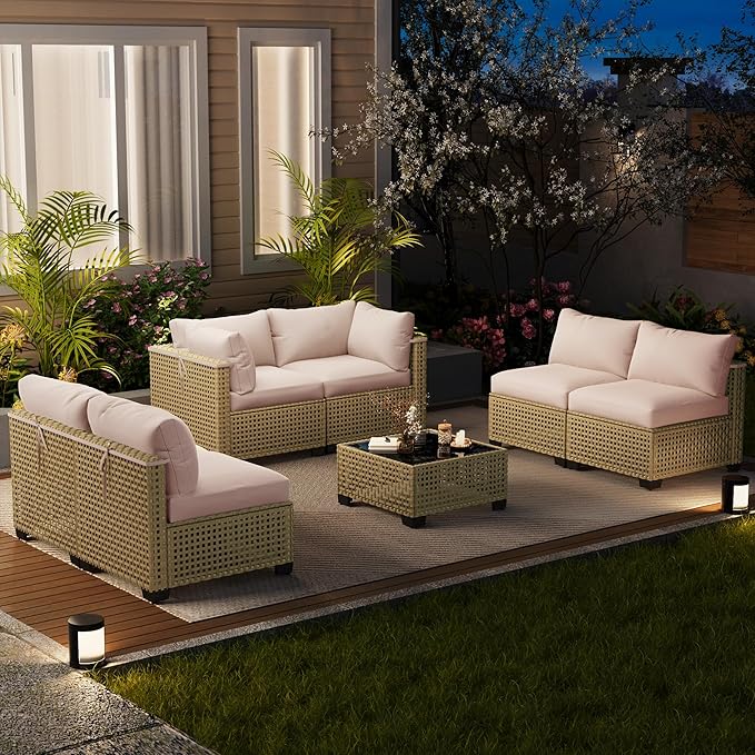 7 Piece Outdoor Patio Furniture Set, Rattan Chairs Glass Table Wicker Conversation Seating Sectional Sofa with Cushions (Yellow-Beige, 7Pcs-Straight Back)