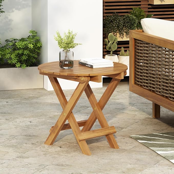 Merax Outdoor Acacia Wood Decorative Side Table, Foldable and Adjustable Patio Coffee Table, Suitable for Backyard, Garden, Poolside, Balcony