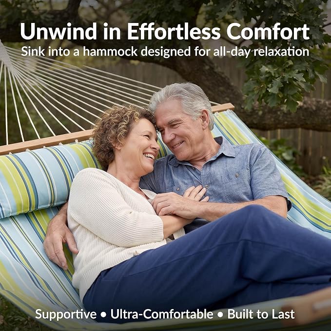 Sunnydaze Quilted Double Hammock for Outside with Spreader Bars and Pillow - 450 lb Capacity, 74x55 Inch Bed, UV Resistant, Quick Dry - Chains Included, Stand Sold Separately - Blue & Green
