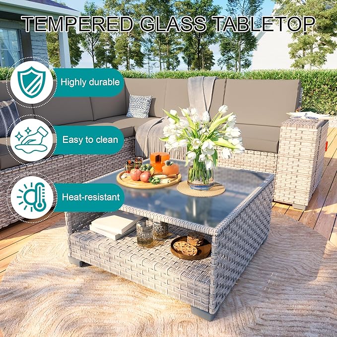 13-Piece Patio Furniture Set, Outdoor Extra Wide Armrest Modular Patio Sofa with Fire Pit Table, Dual-Strand Rattan Wicker High Back Large Seat Furniture for Backyard Porch Garden Balcony, Khaki