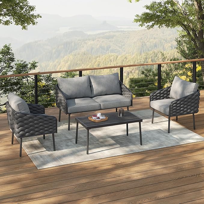 Christopher Knight Home Lena Patio Conversation Set, Rope Woven Club Chairs and Loveseat, Metal Frame Armchair, Slat Panel Coffee Table, Accent Table and Chair Set for Backyard Garden Poolside, Gray