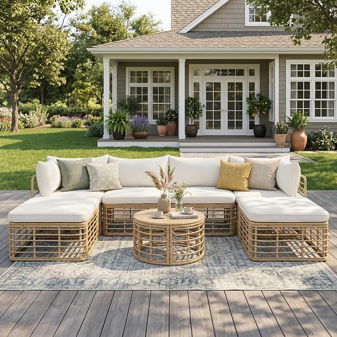 LUMISOL 7 Piece Patio Furniture Set, All-Weather Rattan Sectional Sofa Set with Thick Cushions and Pillows, Freely Combined Conversation Sets for Garden, Backyard, Balcony, Beige