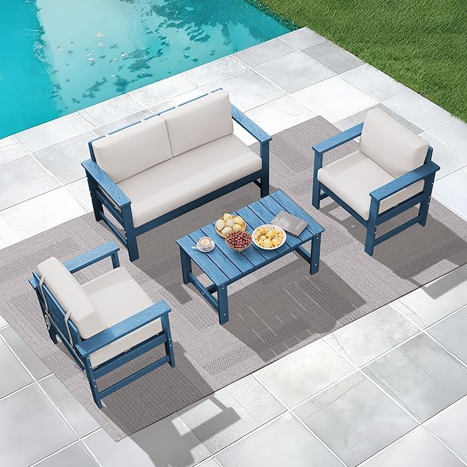 KINGYES 4 Pieces Outdoor Furniture Set, HDPE All Weather Use Conversation Couch, Blue Frame with Khaki Cushions