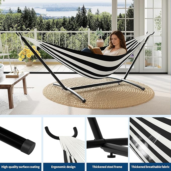 2 Person Hammocks with Stand for Outside, Double Hammocks Portable Space Saving Heavy-Duty Steel Stand for Indoor Outdoor Patio with Carrying Bag, 450 lbs Capacity
