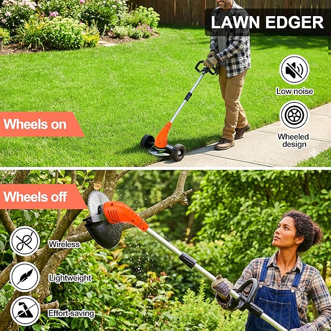 Cordless Weed Wacker, Grass Trimmer with 3 Types Blades and 2.0Ah Li-Ion Battery Powered,12V Electric Weed Trimmer/Edger for Garden Yard Work and Lawn Care（Orange）