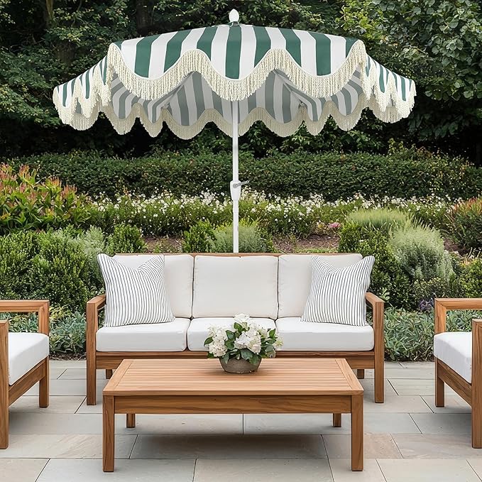 JONATHAN Y UMB1001 Collins 9 ft. Classic Cottage Tassel Market Patio Umbrella with Auto-Tilt, Crank, Wind Vent and UV Protection