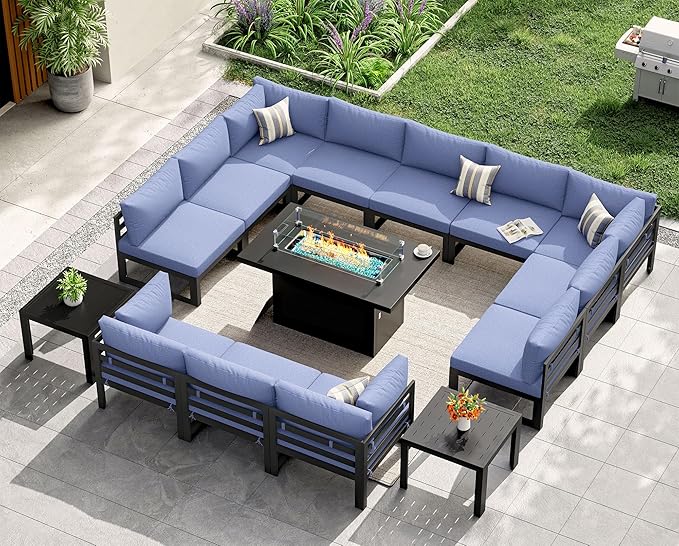 NICESOUL 15 Piece Contemporary Aluminum Outdoor Furniture Set, Extra Large Couch Set with Fire Pit Table, 500 lbs High Weight Capacity, Modular Patio Sectional Sofa with End Table for Deck, Denim Blue