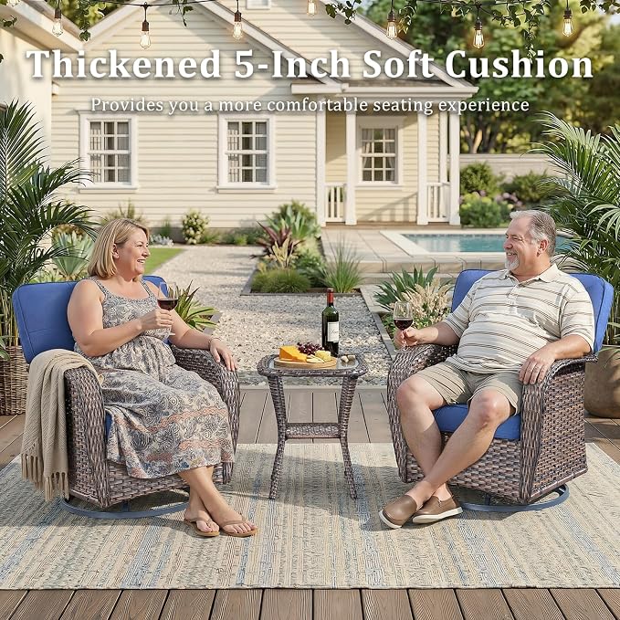 Patio Furniture Set, 6PCS Outdoor Wicker Conversation Set with Side Table, High Back Rattan Sofa & Swivel Rocker Chairs, Weather Resistant Olefin Fabric for Garden, Poolside Brown/Blue