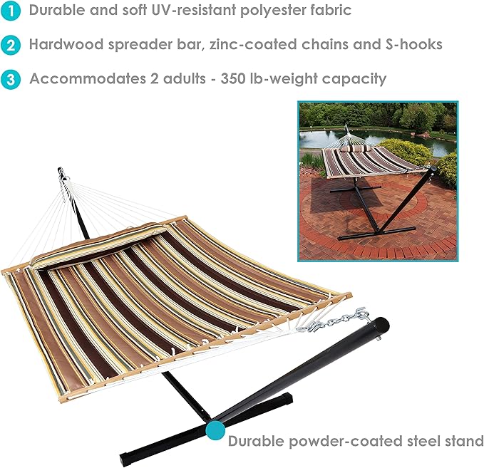 Sunnydaze Quilted Double Hammock with Stand for Outside - 350-Pound Capacity 2-Person Hammock with Stand - 12-Foot Stand - Sandy Beach